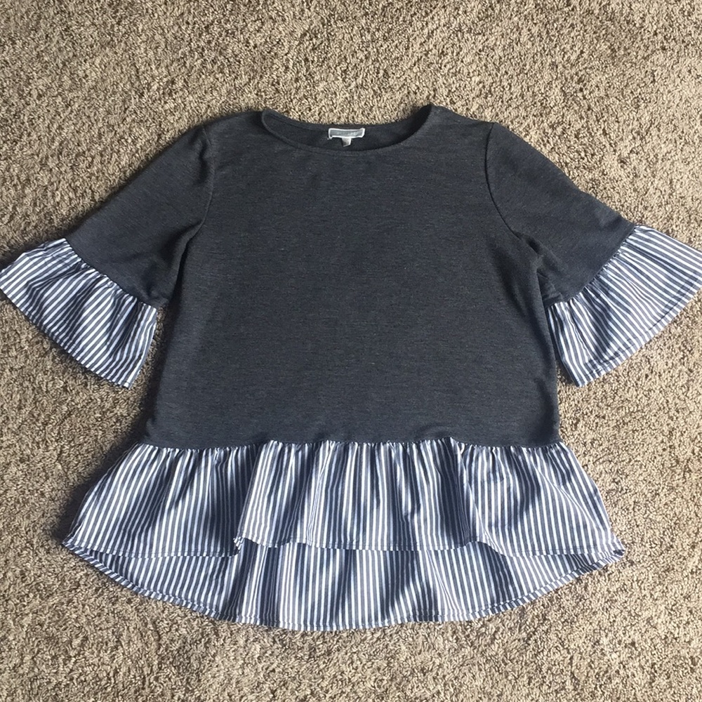 Pleione Gray and Blue Striped Ruffle Top